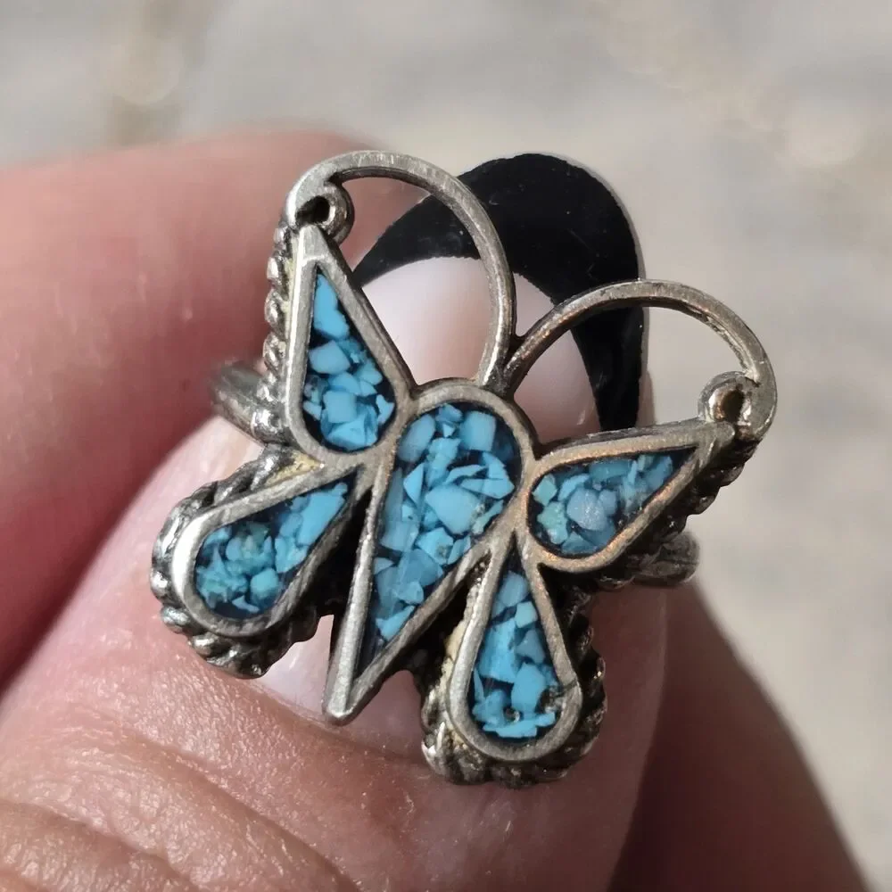 Silver Butterfly  Ring Size 6 Fine Jewelry Vintage Y2K Turquoise No Markings